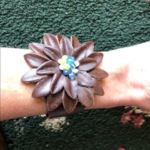 Mudpie Leather Cuff Beaded Flower Bracelet